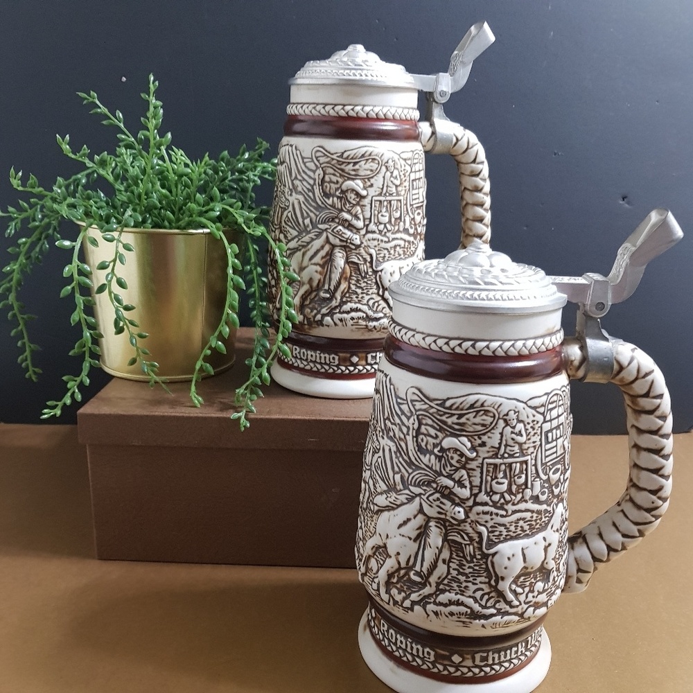 Set of 2 Avon 1980s Cattle Drive Beer Stein